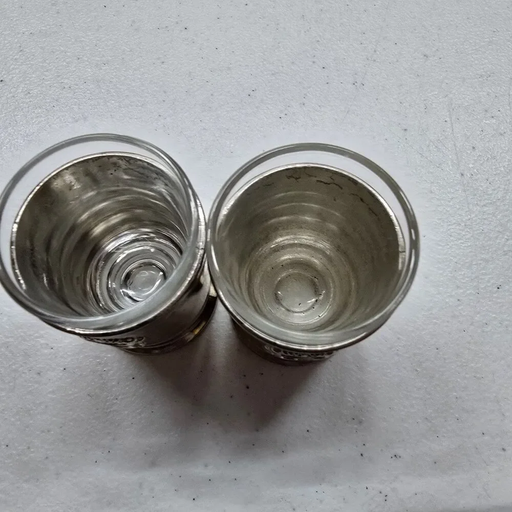 Vintage 2-Germany Shot Glasses Metal Overlay With German Eagle Flag Emblem